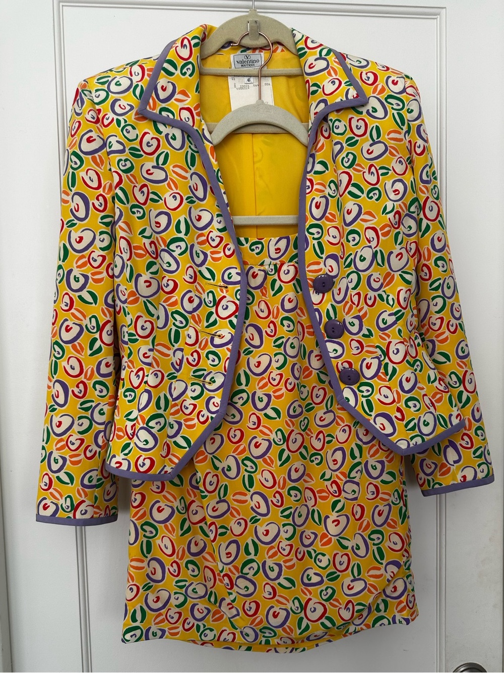 Vintage Valentino Yellow Multicolor Printed Skirt Suit